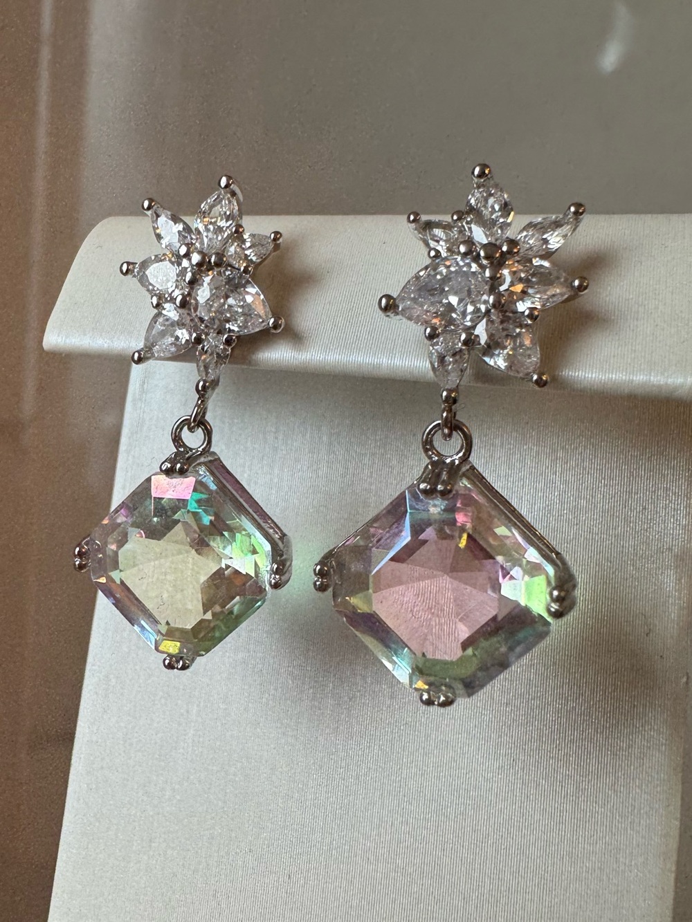 S925 mystic clear topaz quartz earrings asscher cut gem 4 carats each AB crystal